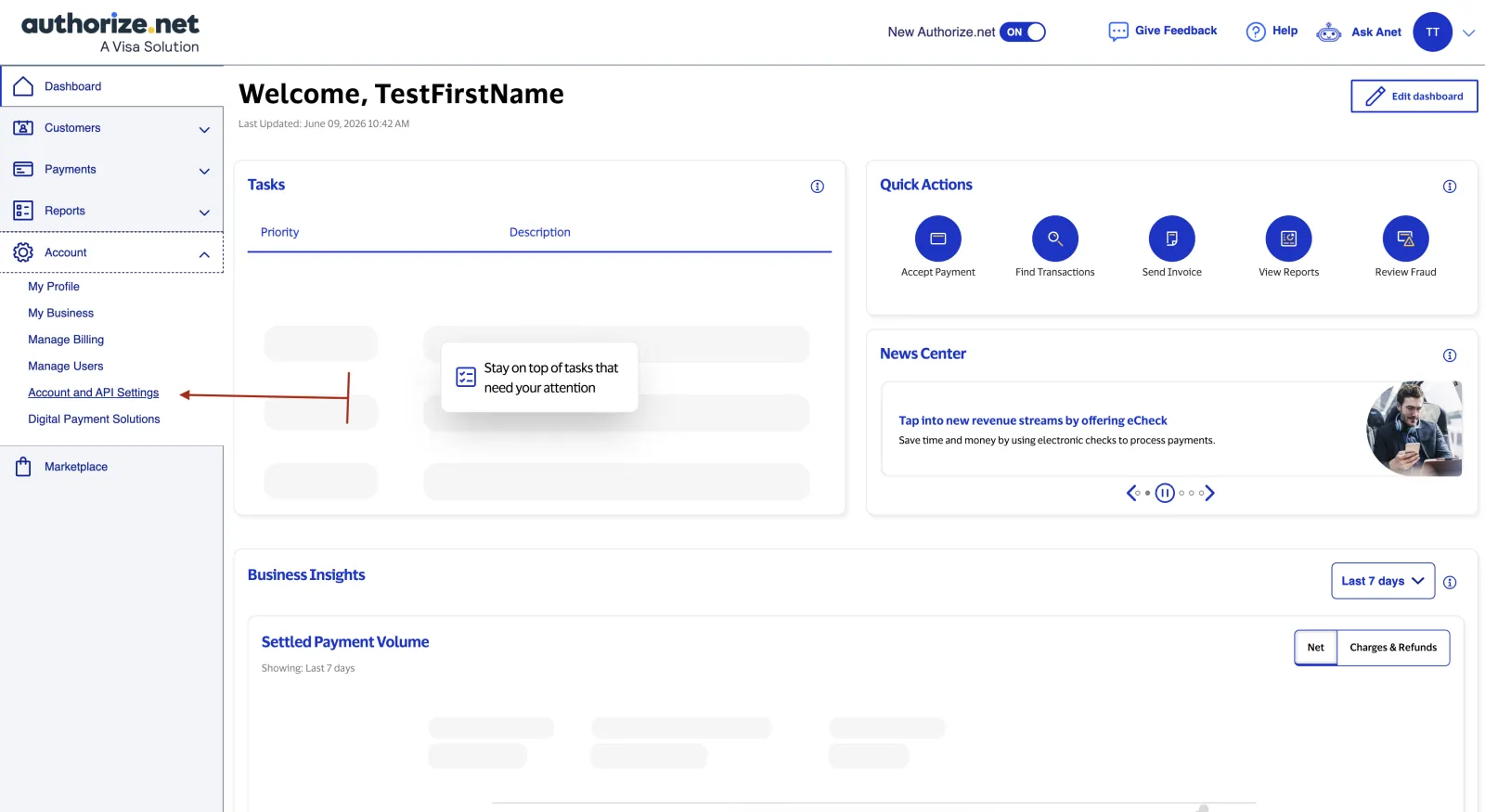 Authorize.Net sandbox dashboard with the Account menu open and Account and API Settings highlighted