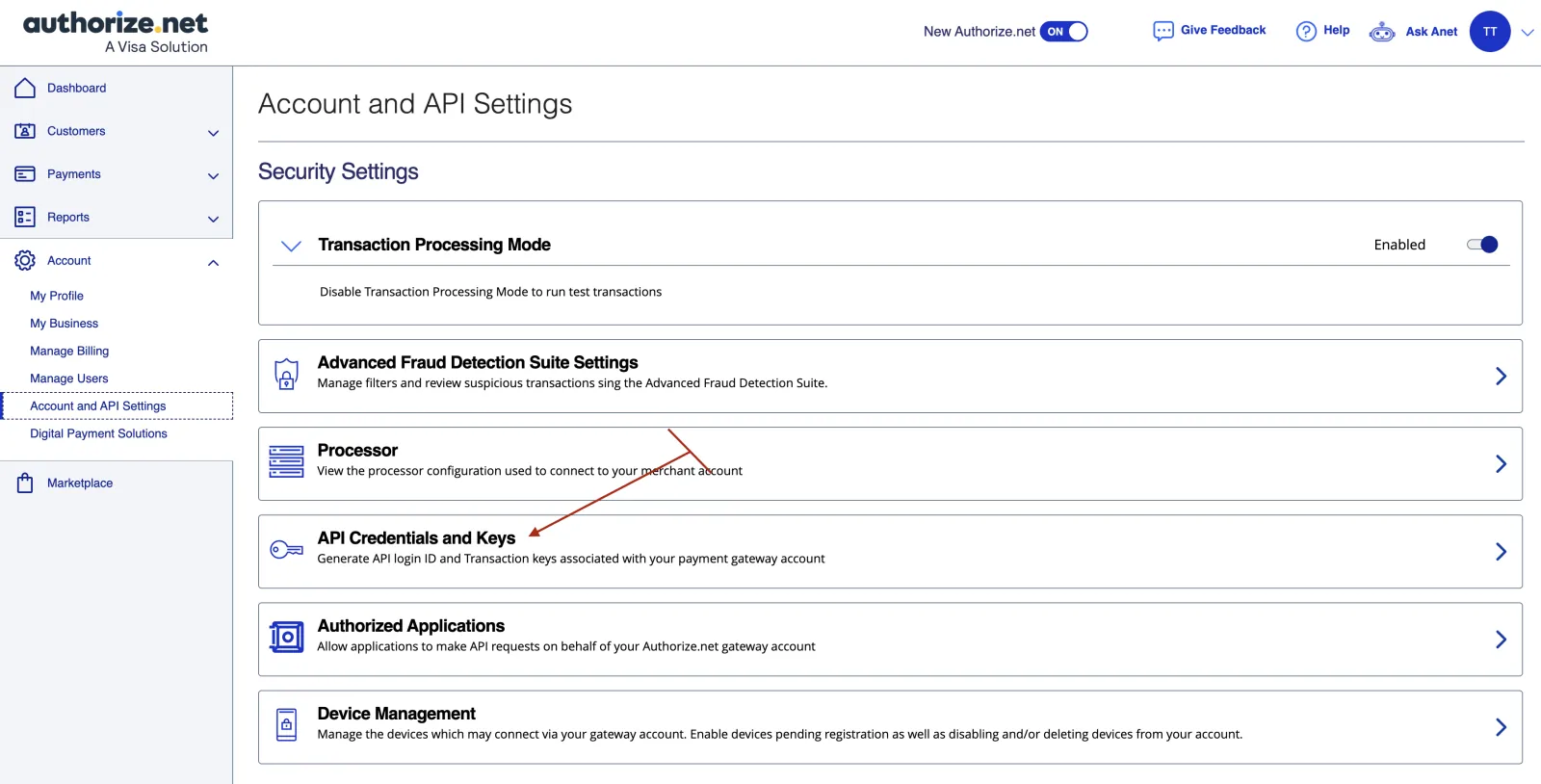 Authorize.Net Security Settings with API Credentials and Keys highlighted