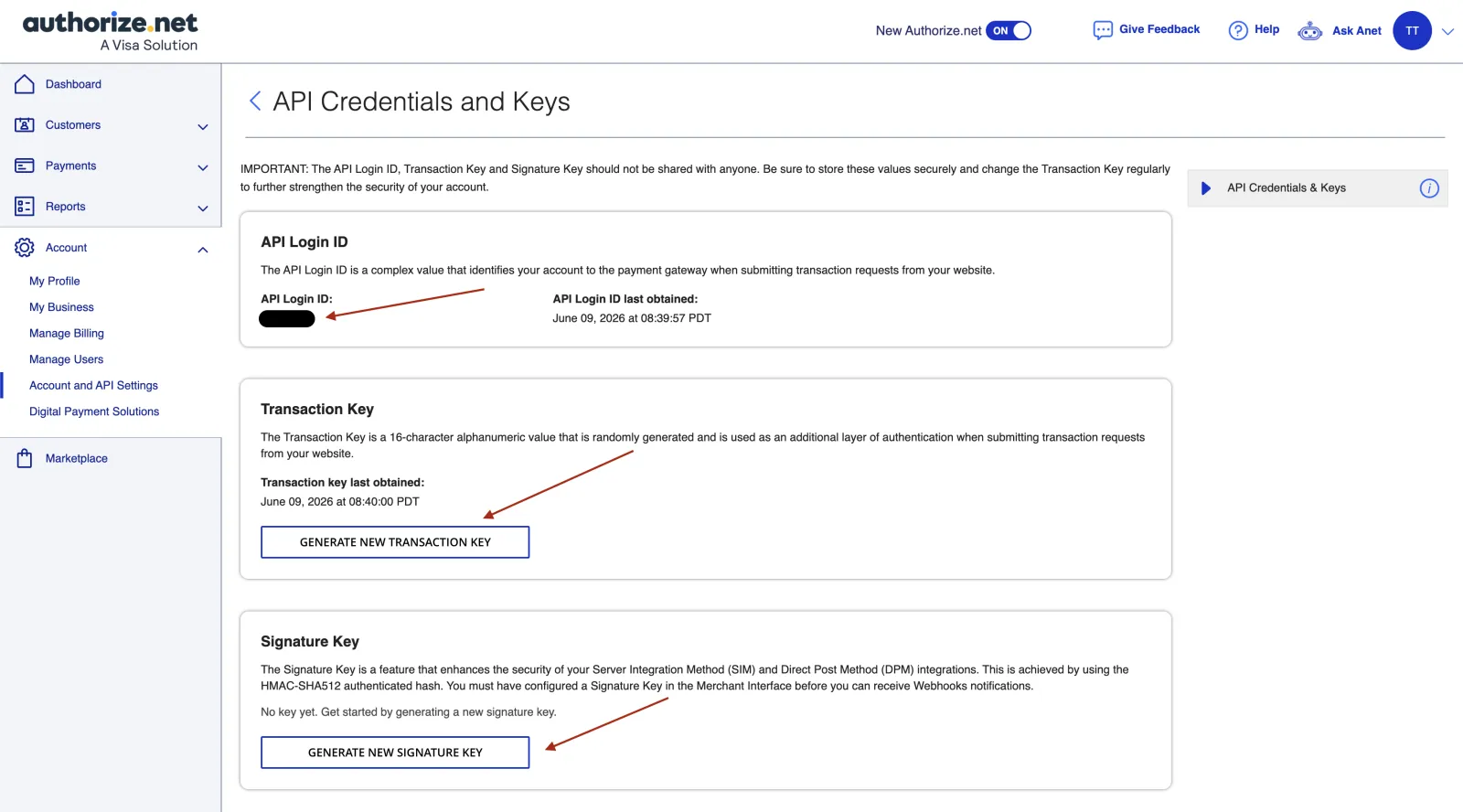 Authorize.Net API Credentials and Keys screen showing the API Login ID, Generate New Transaction Key, and Generate New Signature Key