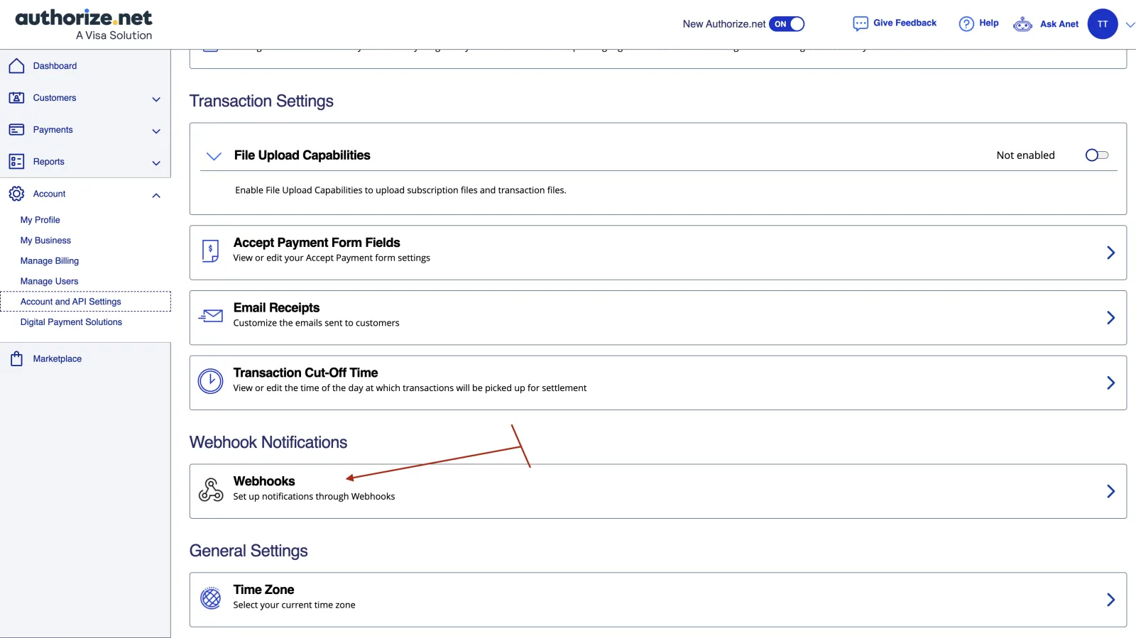 Authorize.Net Account and API Settings with the Webhooks link under Webhook Notifications highlighted