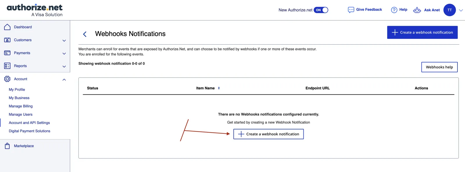 Authorize.Net Webhooks screen with the Create a webhook notification button highlighted