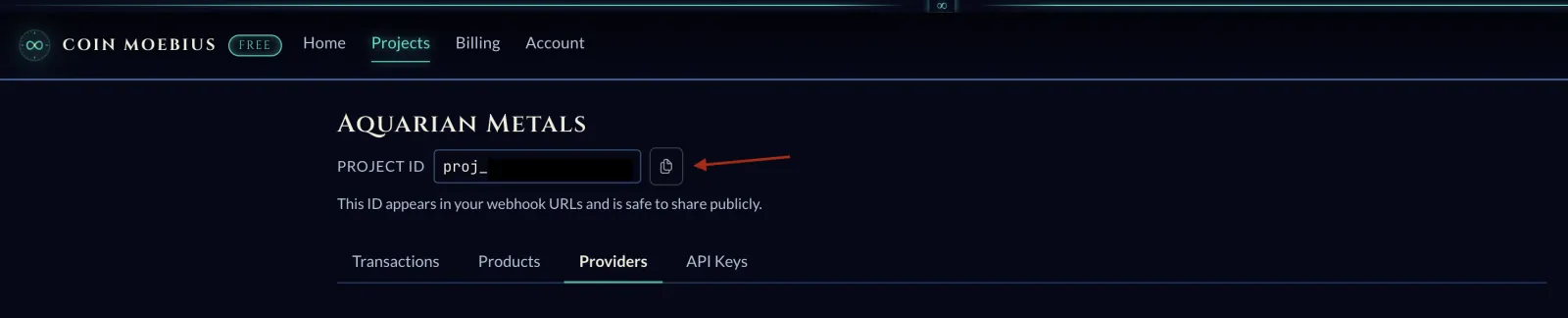 Coin Moebius dashboard with the Project ID field highlighted under the project name