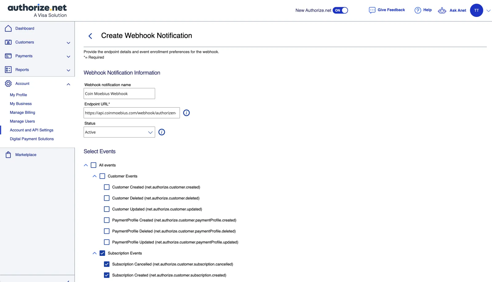 Authorize.Net Create Webhook Notification form with a name, the Endpoint URL, and Active status