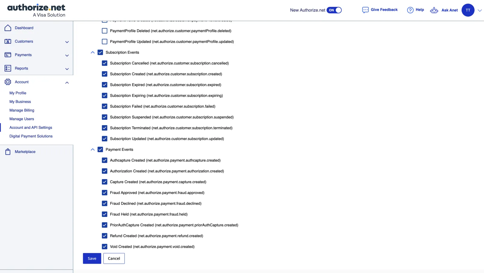 Authorize.Net Select Events list with the Payment events checked and a Save button