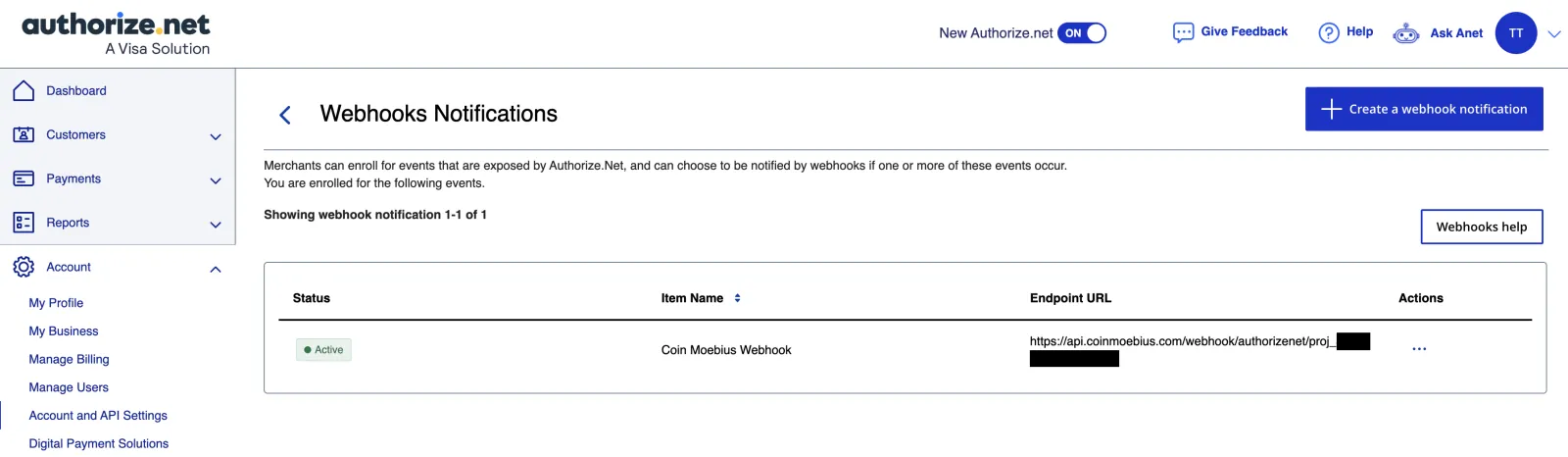 Authorize.Net Webhooks list showing the Coin Moebius Webhook as Active with its endpoint URL