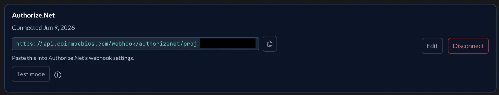 Coin Moebius Providers tab showing a connected Authorize.Net card with its webhook URL, Edit and Disconnect