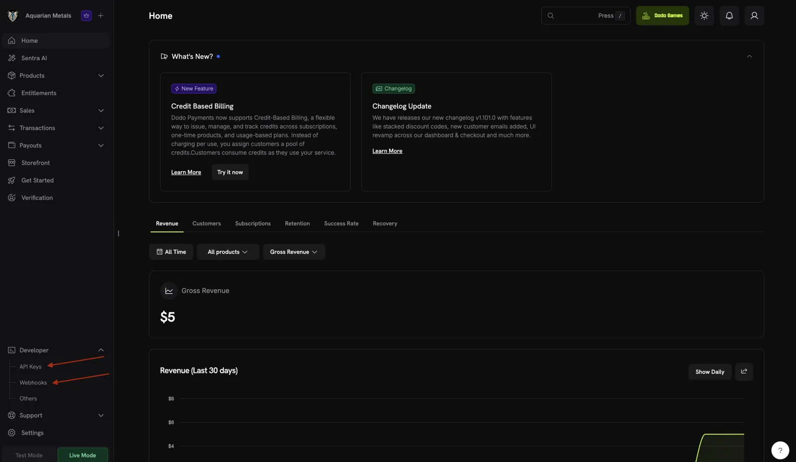 Dodo Payments dashboard with the Developer menu open showing API Keys and Webhooks