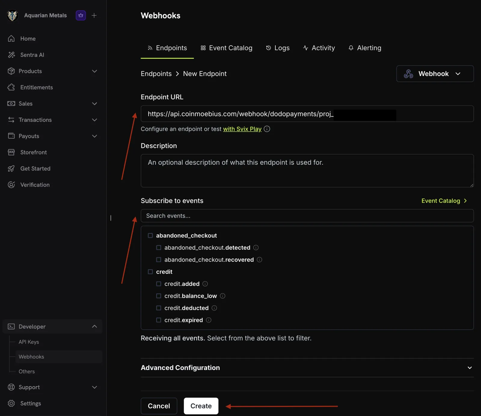 Dodo Payments New Endpoint form with the Endpoint URL and a Subscribe to events list