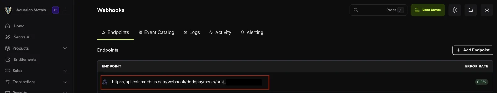 Dodo Payments Endpoints list showing the new Coin Moebius endpoint URL