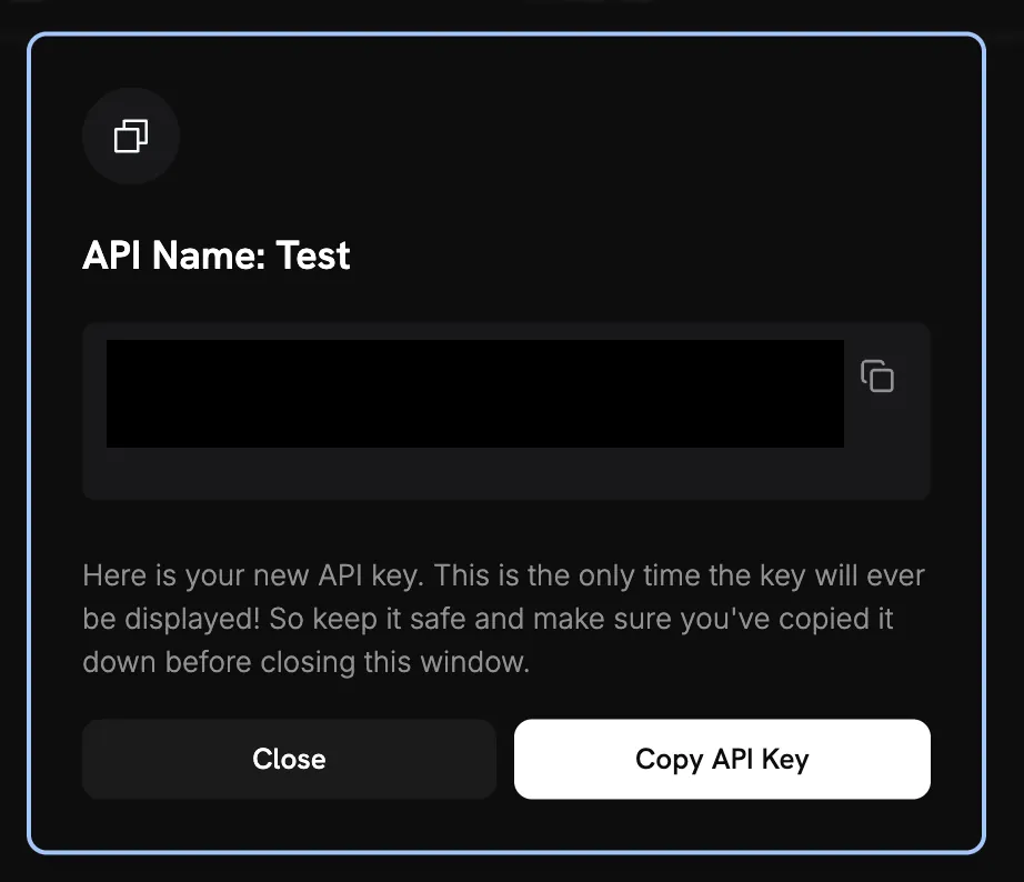 Dodo Payments dialog showing a newly created API key with a Copy API Key button
