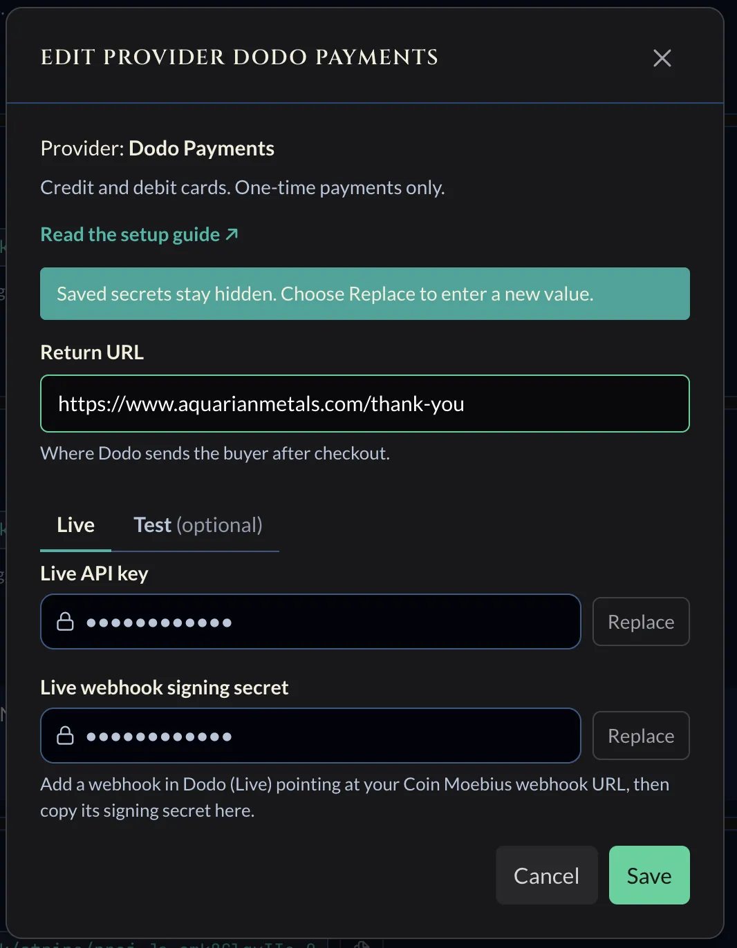 Coin Moebius Dodo Payments form with Return URL and Live/Test tabs for the API key and webhook signing secret