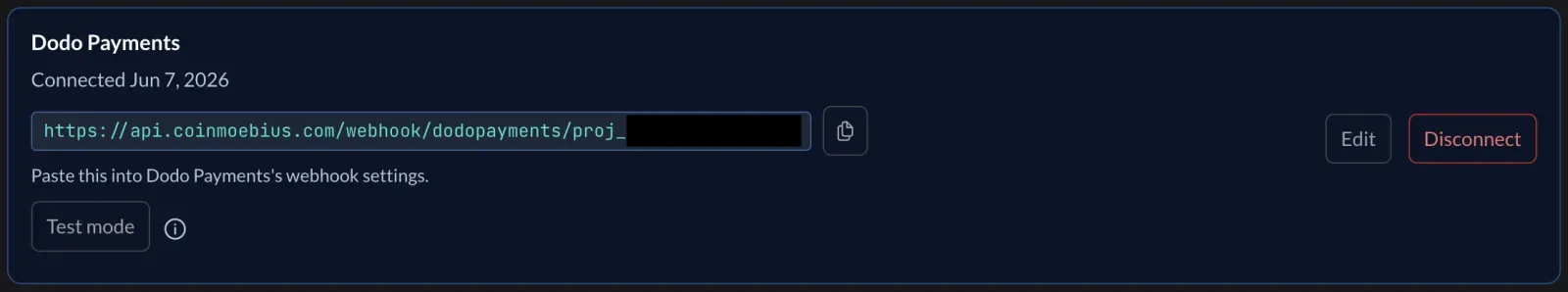 Coin Moebius Providers tab showing a connected Dodo Payments card with its webhook URL, Edit and Disconnect