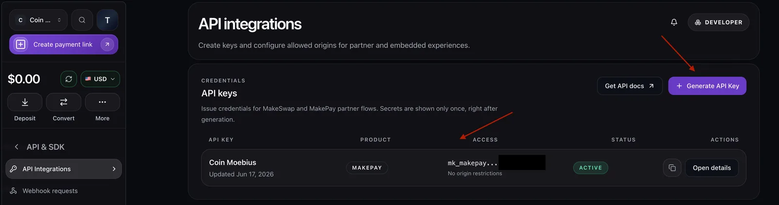 MakePay API integrations screen with the API keys table and the Generate API Key button highlighted