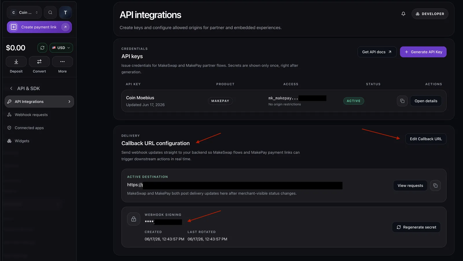 MakePay Callback URL configuration with the active destination field, Edit Callback URL button, and the Webhook signing secret