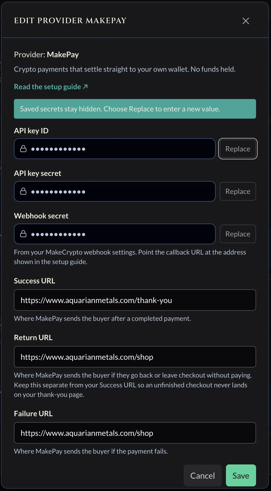Coin Moebius Edit provider MakePay form with API key ID, API key secret, Webhook secret, Success URL, and Failure URL fields