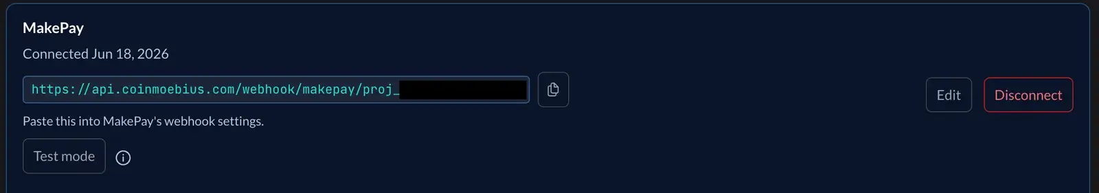 Coin Moebius Providers tab showing a connected MakePay card with its webhook URL, Edit, Disconnect, and Test mode