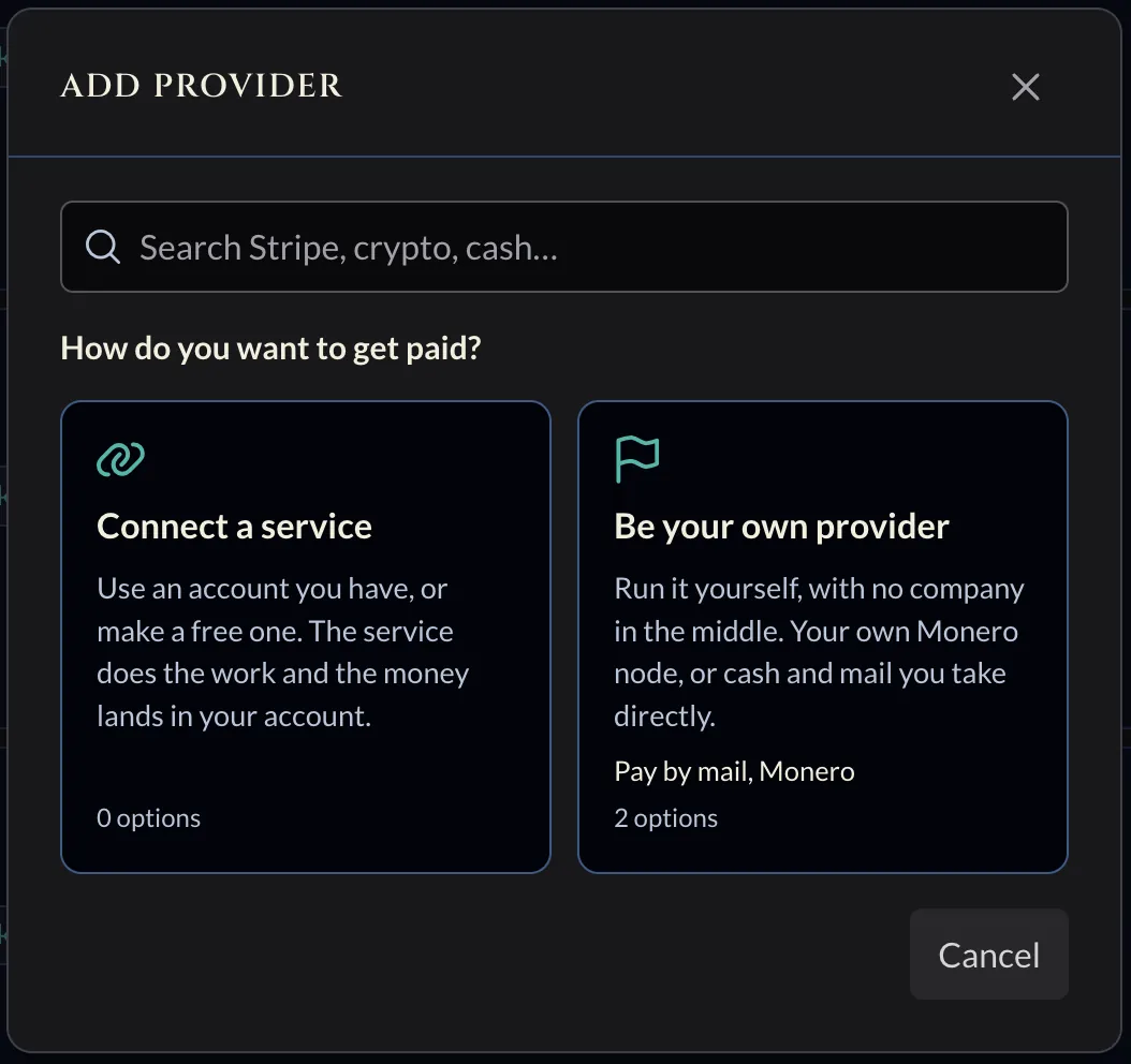 Coin Moebius Add provider dialog with Connect a service and Be your own provider options, Pay by mail listed under Be your own provider