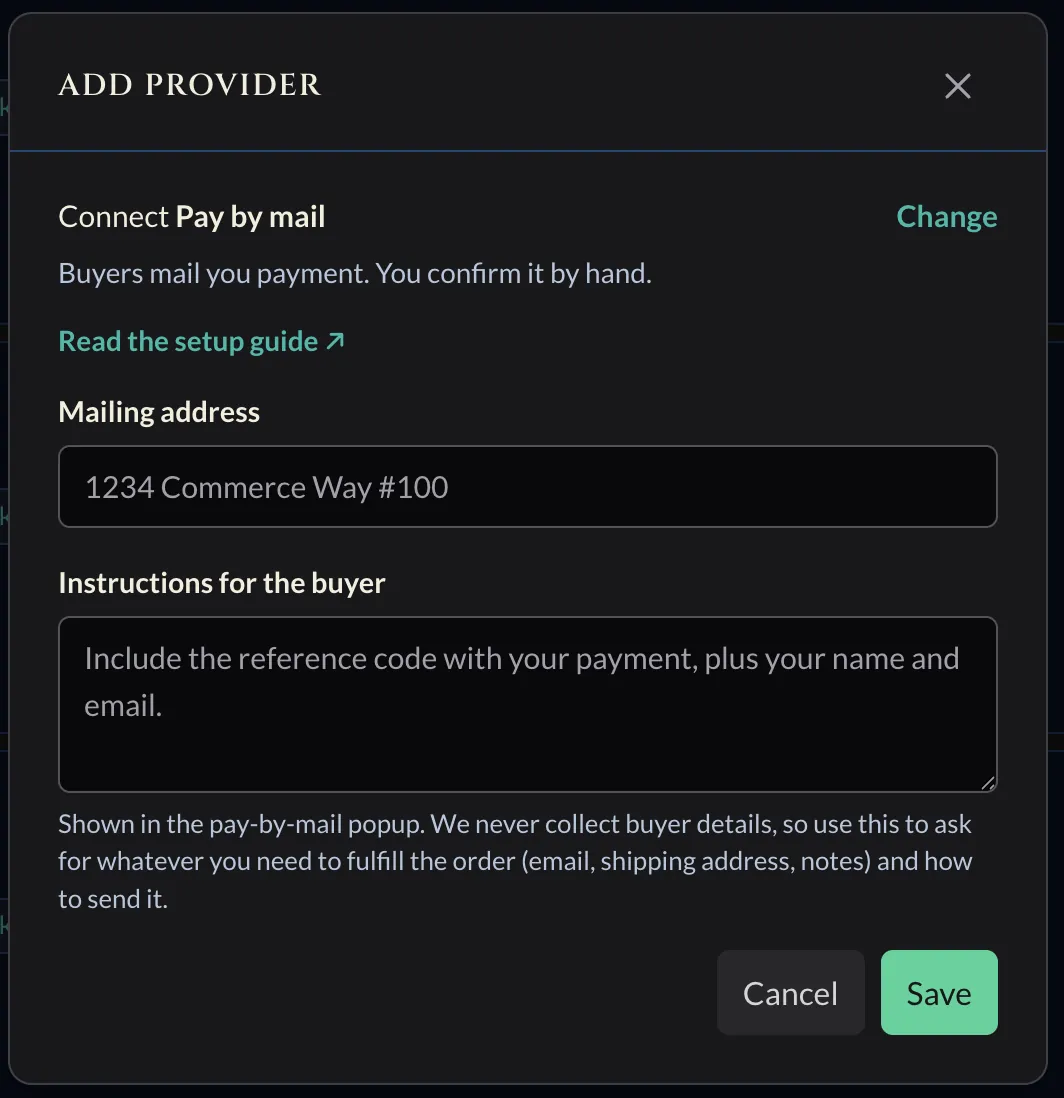 Coin Moebius Connect Pay by mail form with Mailing address and Instructions for the buyer fields