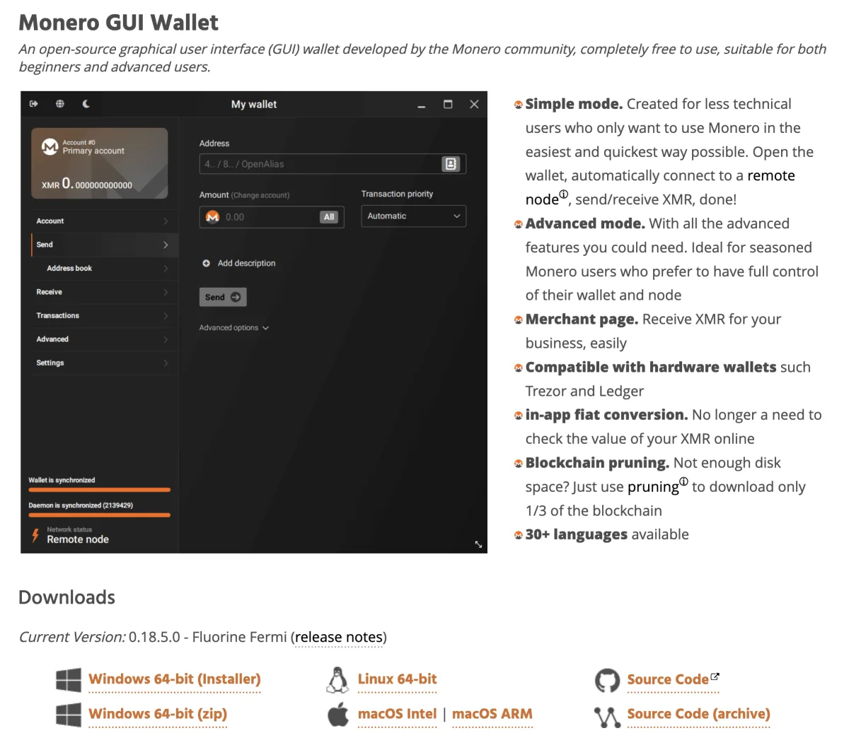 getmonero.org page for the Monero GUI wallet with the macOS download