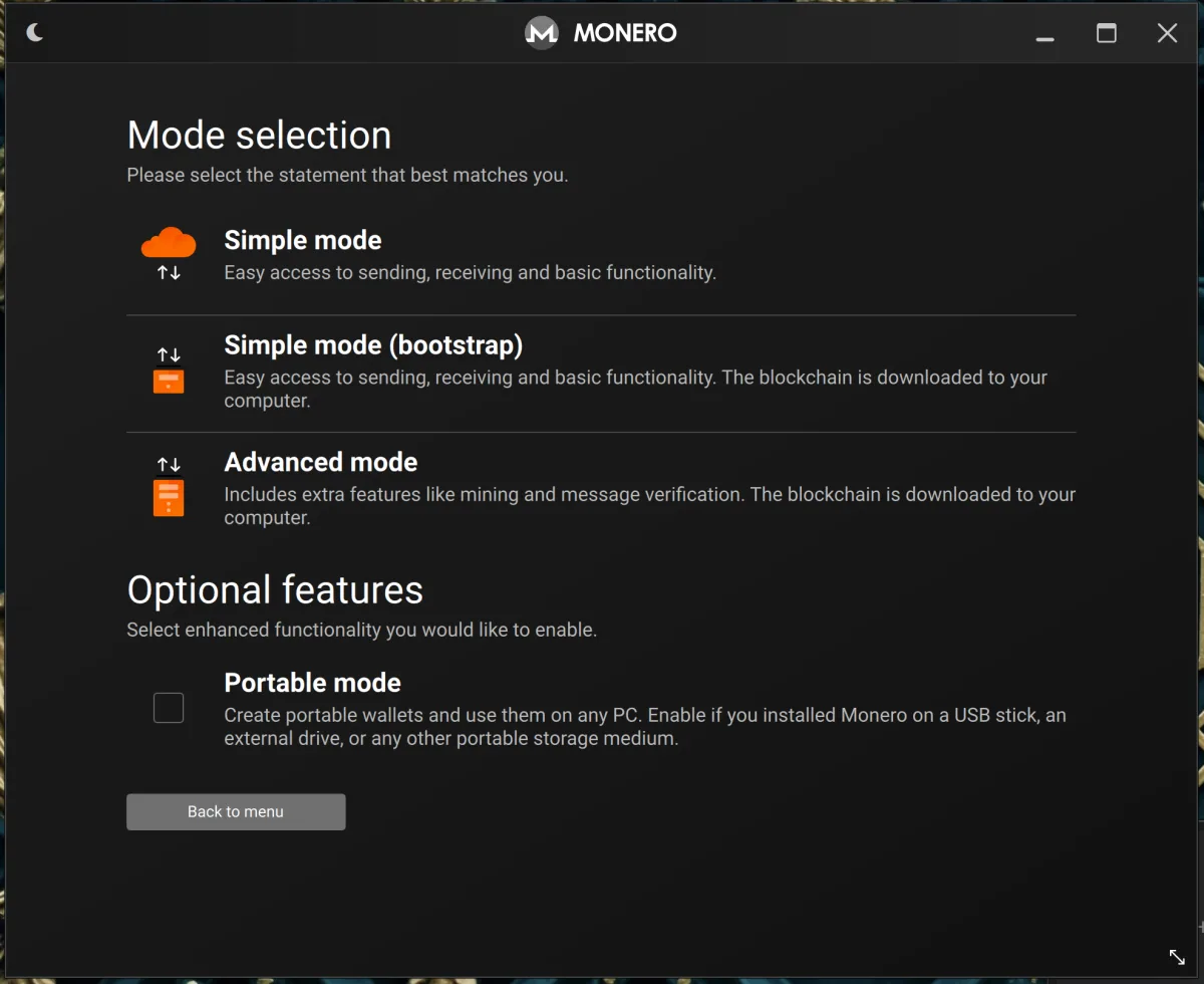 Monero Mode selection screen with Simple, Bootstrap, and Advanced modes