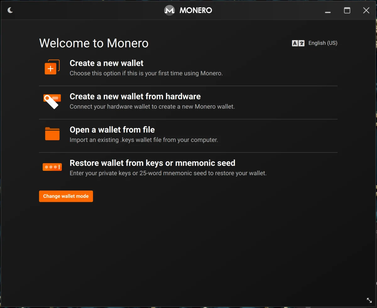 Welcome to Monero screen with four choices, Create a new wallet at the top