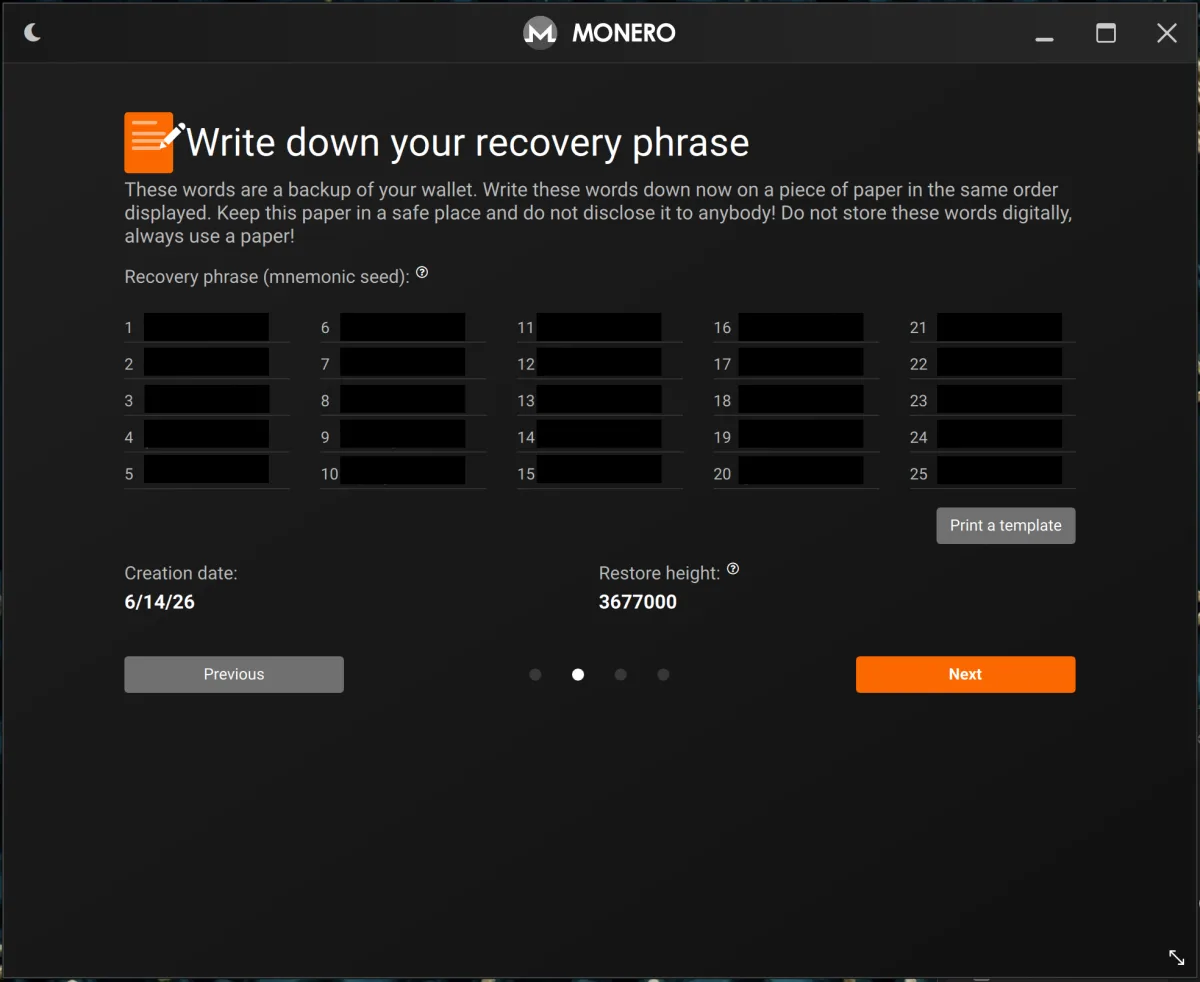Monero recovery phrase screen with the 25 words hidden