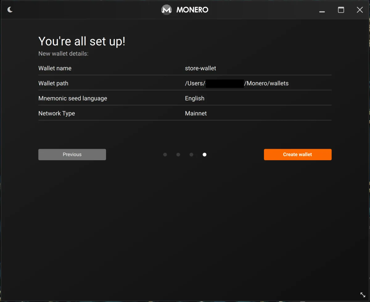 Wallet summary screen showing the name, file path, and mainnet