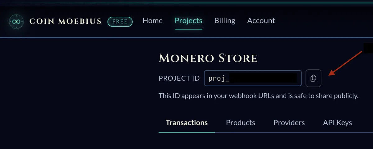 Coin Moebius dashboard project with the project id and a copy button