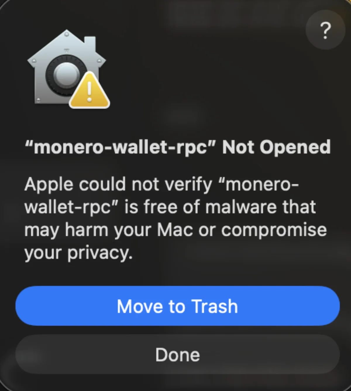macOS dialog blocking monero-wallet-rpc because the developer cannot be verified