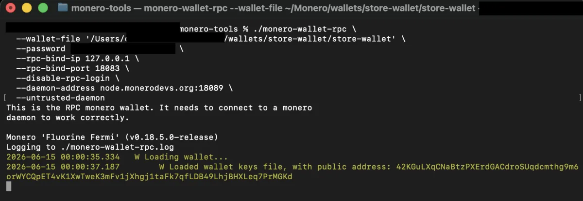 Terminal showing the wallet helper running with startup lines