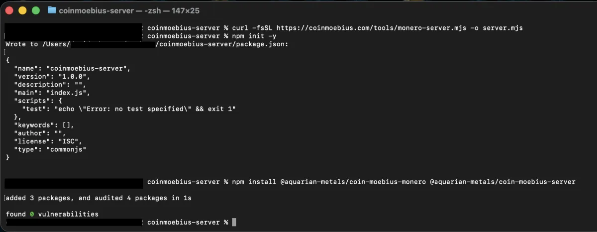 Terminal downloading the server and installing the Coin Moebius packages