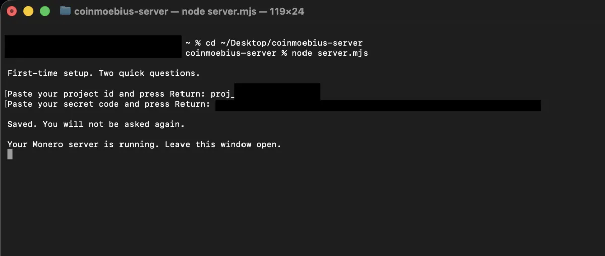 Terminal showing the server asking for the project id and secret, then running