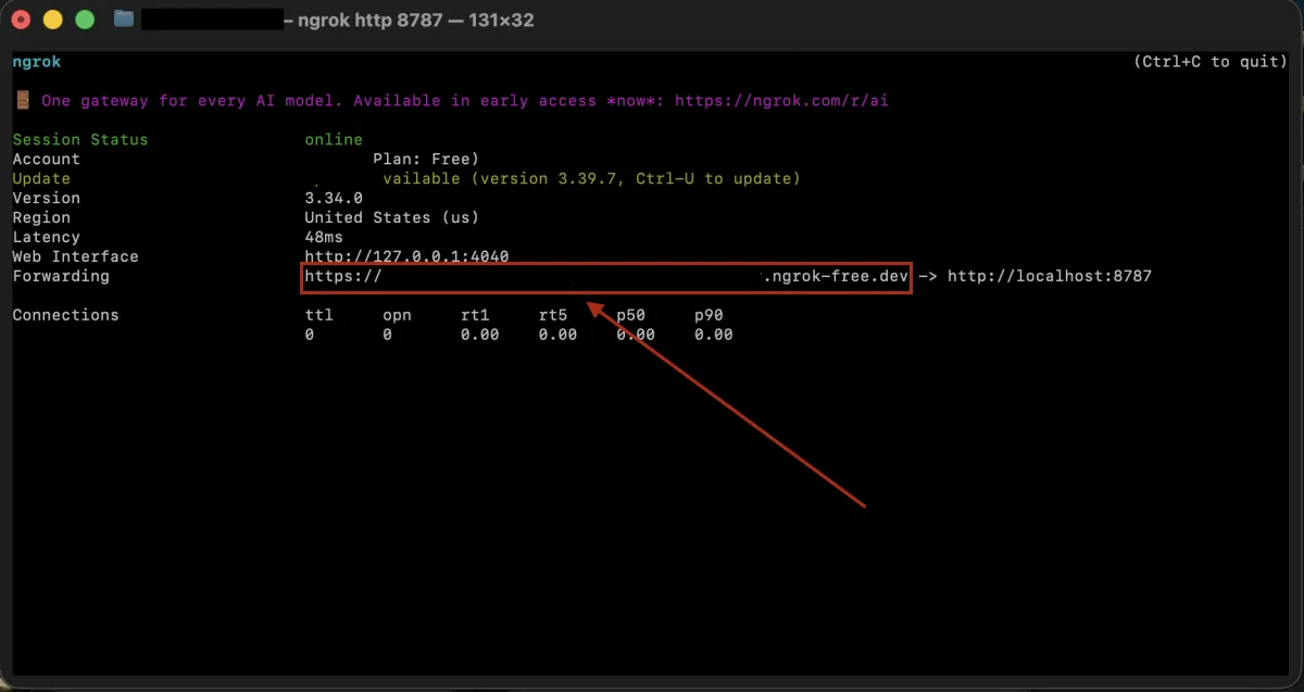ngrok terminal showing the public Forwarding web address