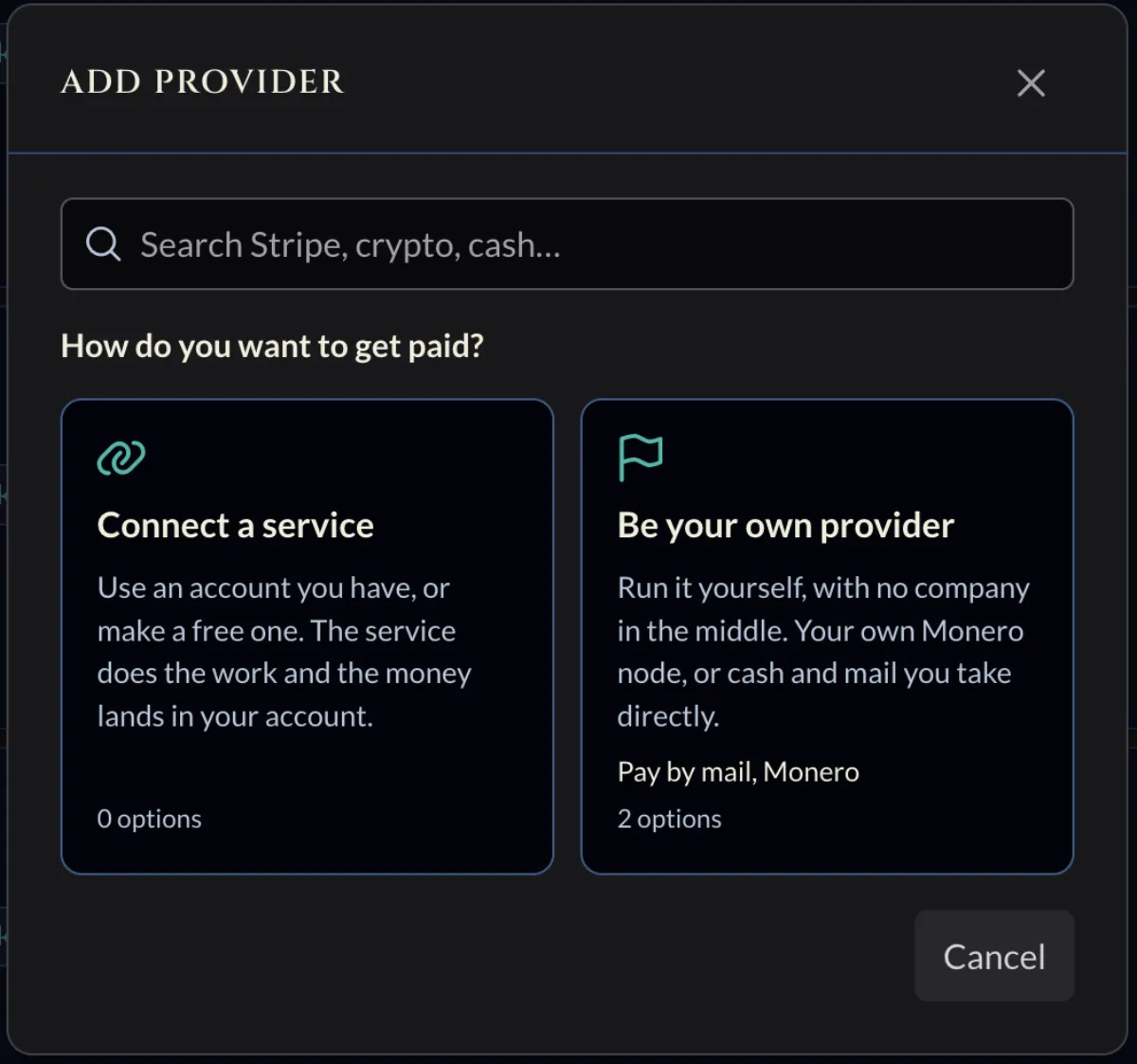 Add provider dialog with Connect a service and Be your own provider choices