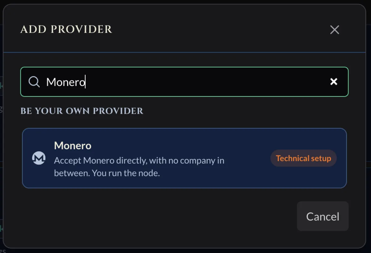 Add provider search with Monero typed and the Monero result