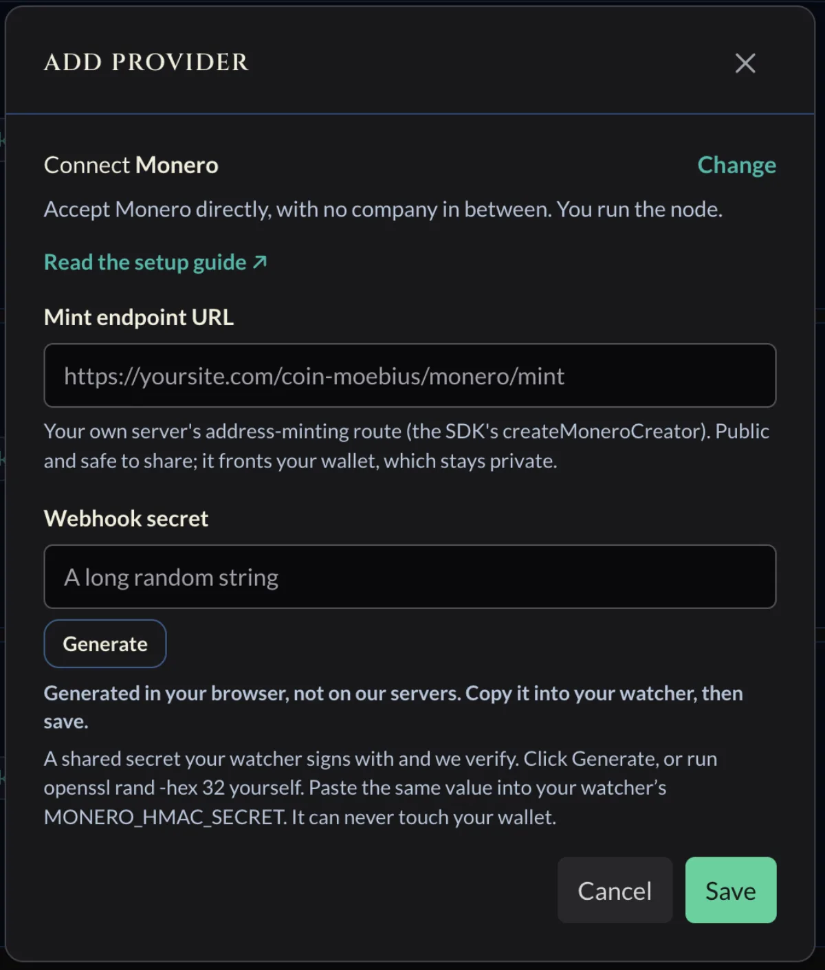 Monero connect form with the Mint endpoint URL and Webhook secret fields