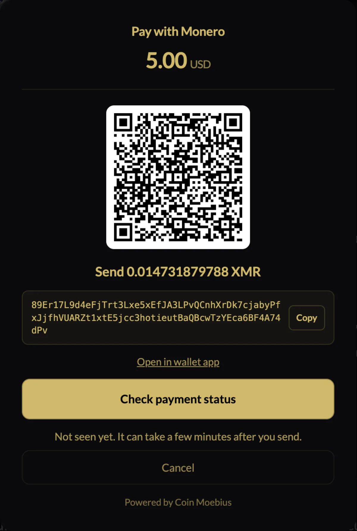 Buy window with Pay with Monero, a QR code, the address, and the amount