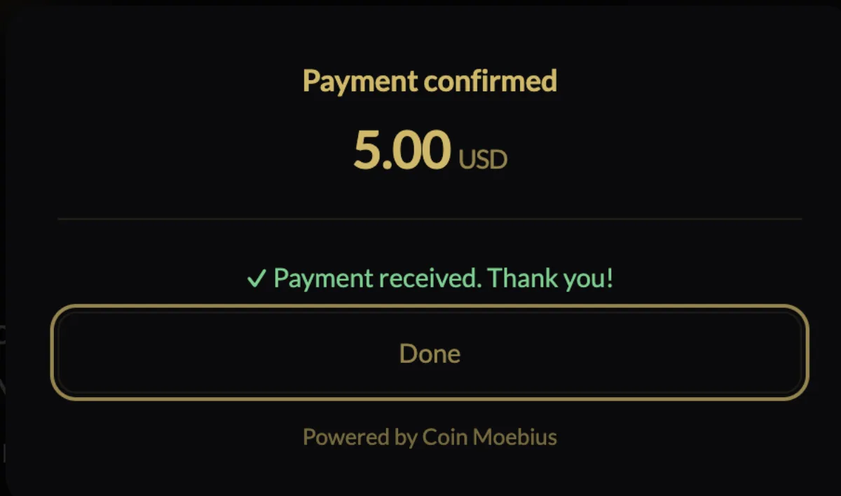 Buy window showing Payment confirmed and Payment received