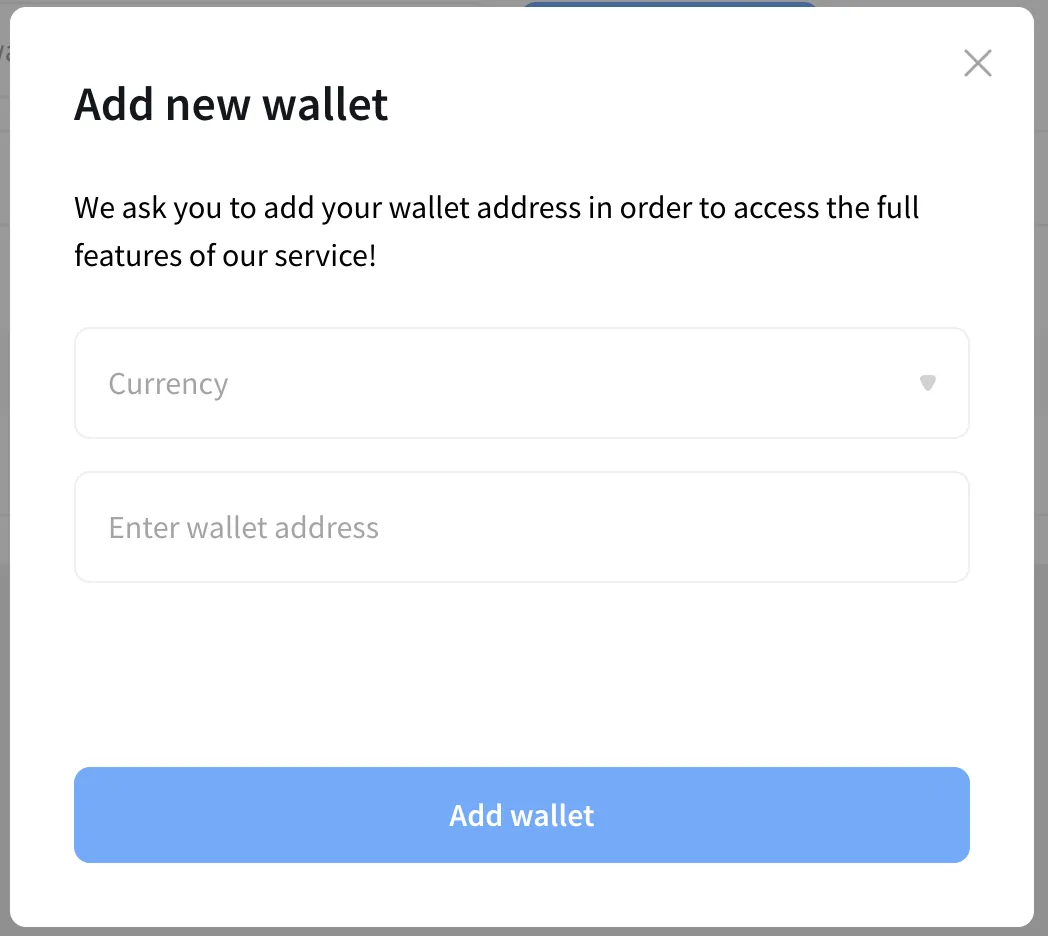 NOWPayments Add new wallet dialog with Currency and wallet address fields