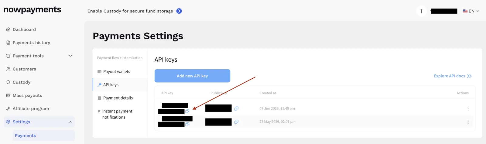 NOWPayments API keys page with the Add new API key button and a list of keys