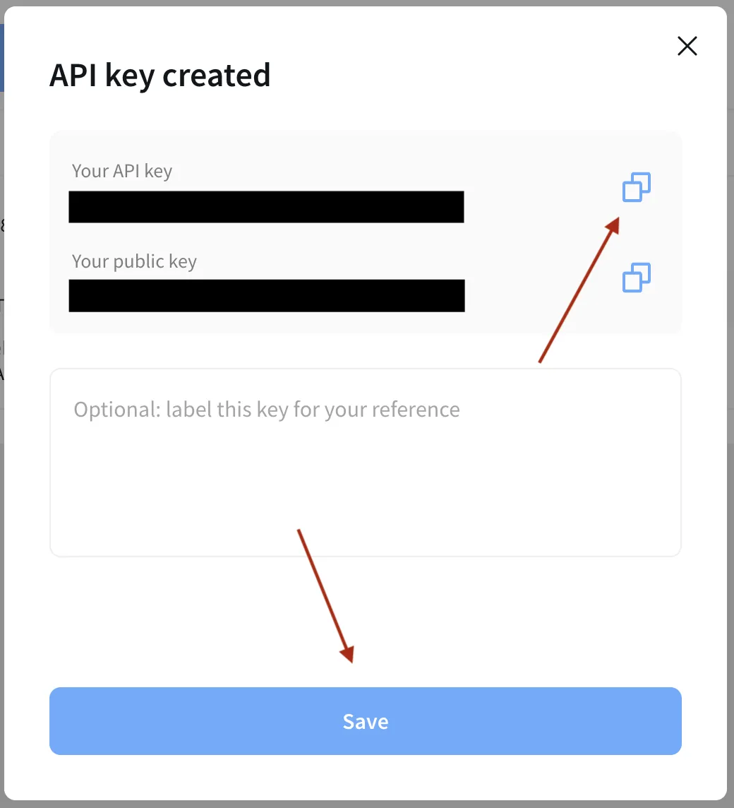 NOWPayments API key created dialog with copy icons for the API key and public key