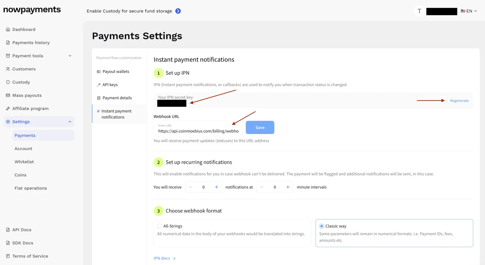 NOWPayments Instant payment notifications screen with the IPN secret key, Webhook URL field, and Classic way format option