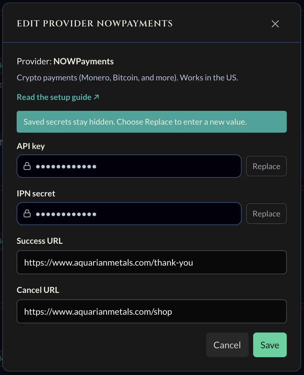 Coin Moebius Connect NOWPayments form with API key, IPN secret, Success URL, and Cancel URL fields