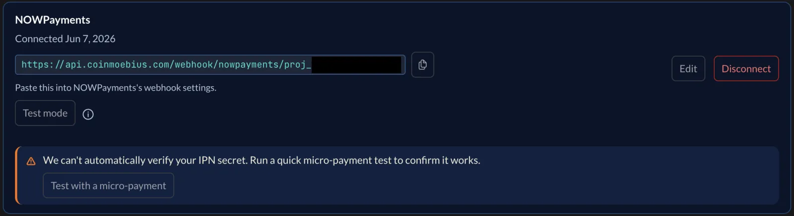 Coin Moebius Providers tab showing a connected NOWPayments card with its webhook URL and a Test with a micro-payment button