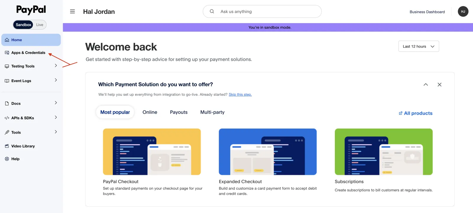 PayPal Developer dashboard in sandbox mode with the Apps & Credentials menu item highlighted
