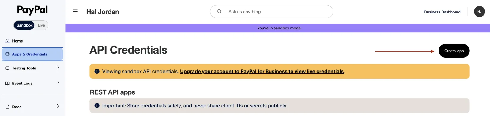 PayPal API Credentials page with the Create App button highlighted
