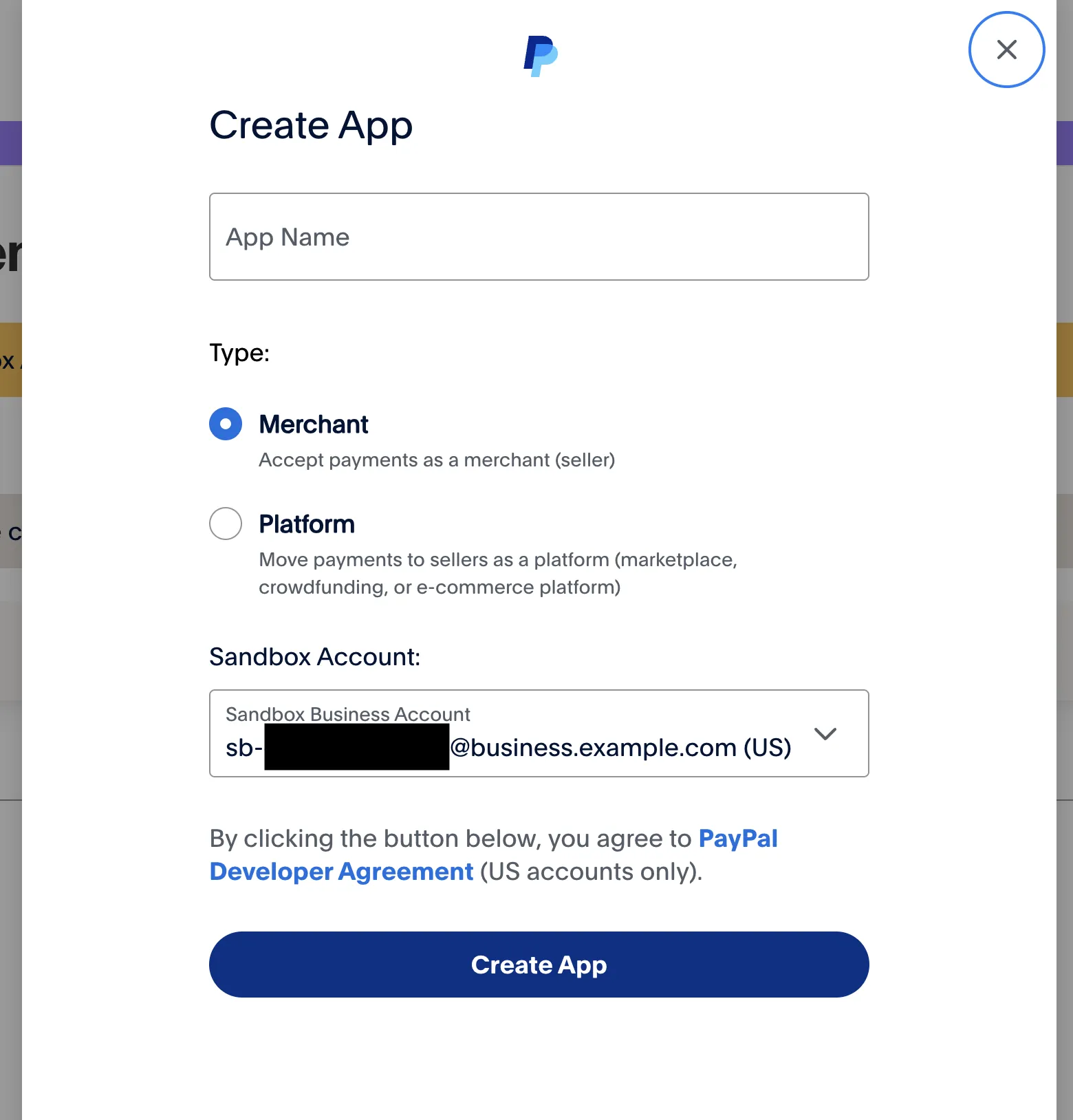 PayPal Create App dialog with an app name field, Merchant type selected, and a sandbox business account chosen