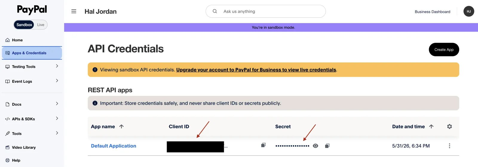 PayPal API Credentials list showing the Default Application row with Client ID and Secret copy icons