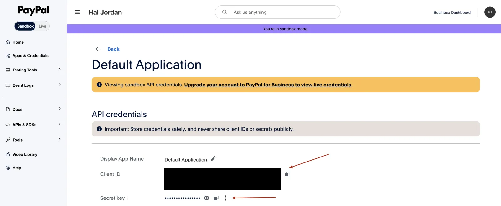 PayPal app detail page with the Client ID and Secret key 1 copy controls highlighted