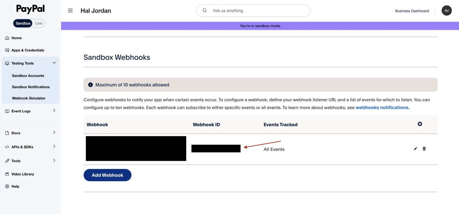 PayPal Sandbox Webhooks list with a created webhook and its Webhook ID highlighted